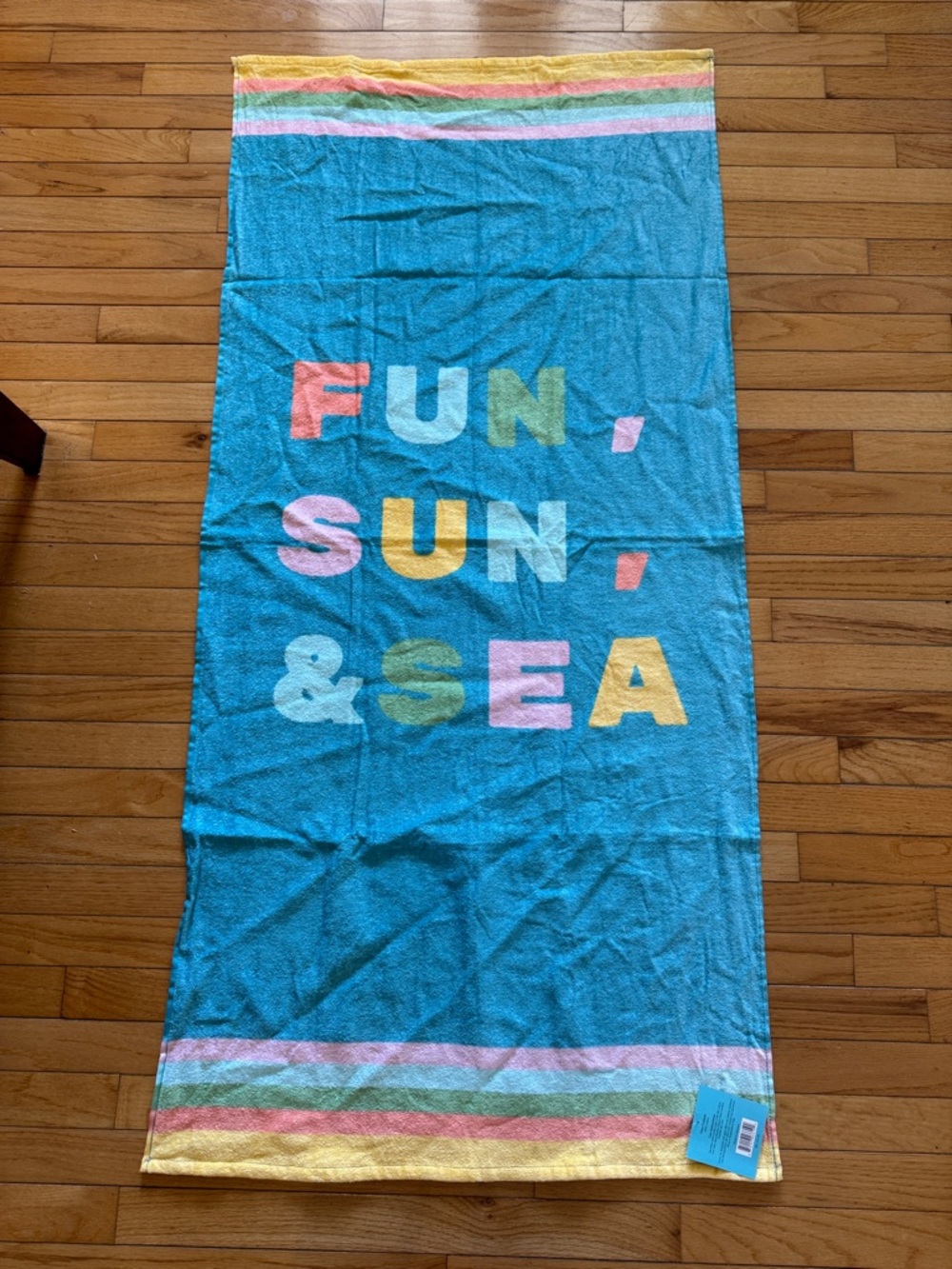 Fun Sun & Sea Beach Towel - Bright Turquoise with Multicolor Letters